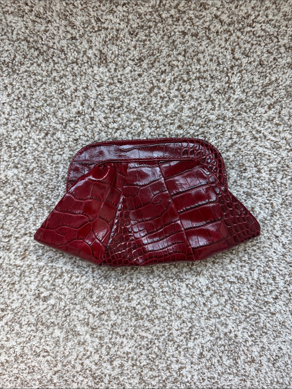 Lauren Merkin Burgundy Croc Embossed Patent Leather Clutch Bag